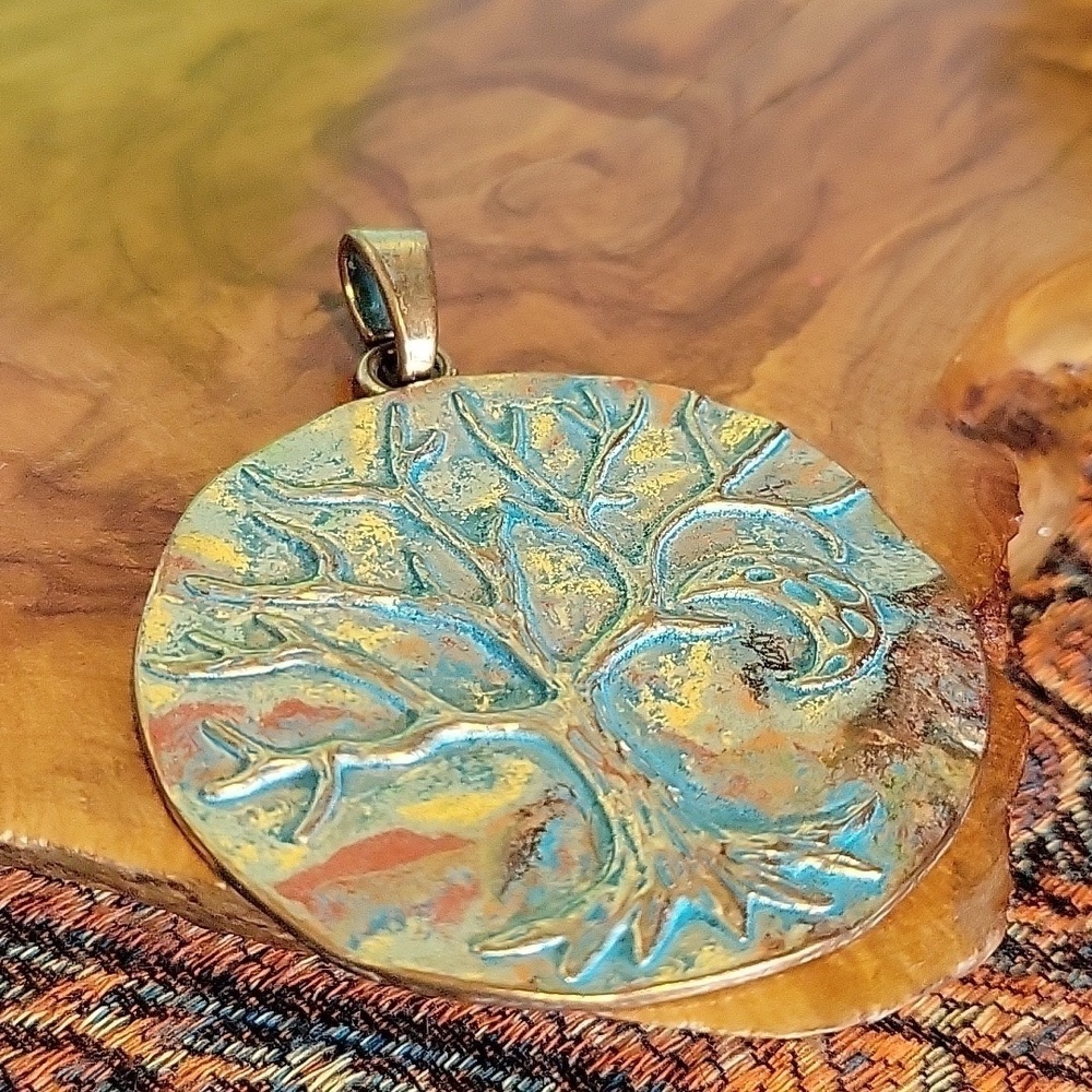 Pale Golden & Teal Colored Tree Of Life And Moon Bigger Pendant - Picture 3 of 7